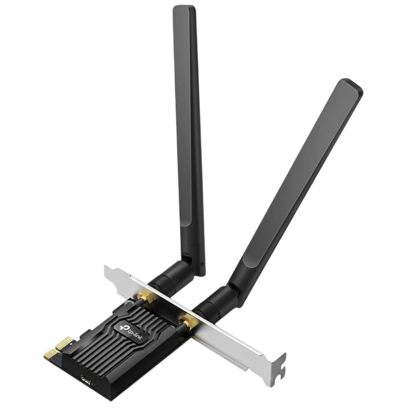 Adaptador PCIe TP-Link Archer TX20E AX1800 com duas antenas externas ajustáveis, dissipador preto com logotipo TP-Link e bracket metálico prateado.