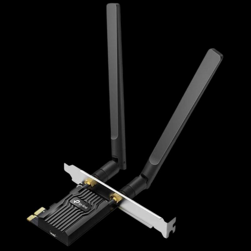 Adaptador PCIe TP-Link Archer TX20E AX1800 com duas antenas externas ajustáveis, dissipador preto com logotipo TP-Link e bracket metálico prateado.