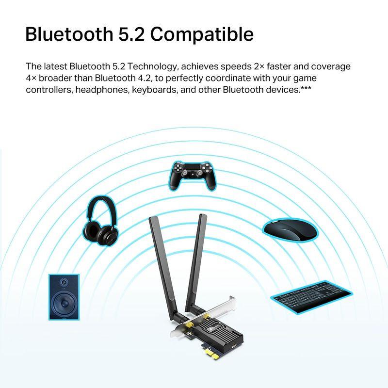 Adaptador PCIe com duas antenas externas, Wi‑Fi 6 AX1800 e Bluetooth 5.2; suporte a periféricos como controle, fones, teclado e mouse.