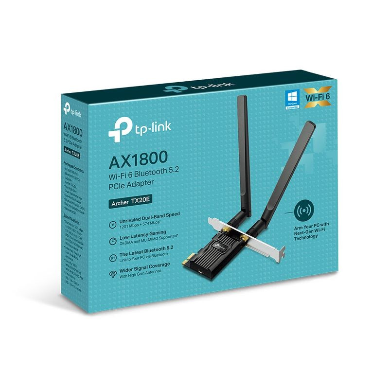 TP-Link Archer TX20E AX1800: adaptador PCIe com duas antenas externas, dissipador preto, suporte a Wi‑Fi 6 e Bluetooth 5.2; caixa azul com detalhes do