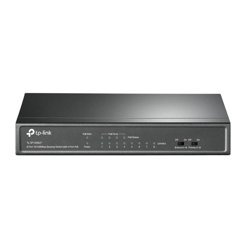 TP-Link TL-SF1008LP switch de escritorio negro con 8 puertos Fast Ethernet 10/100, 4 PoE, indicadores LED frontales y carcasa compacta metálica