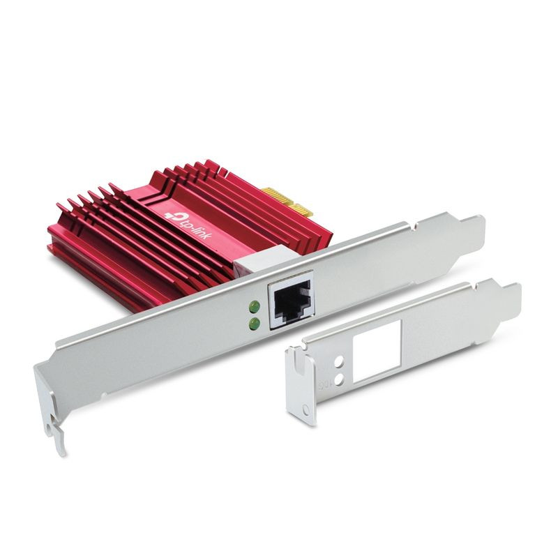 TP-Link TX401 10 Gigabit PCIe com dissipador vermelho, porta RJ45 10G e low profile bracket extra para gabinetes compactos
