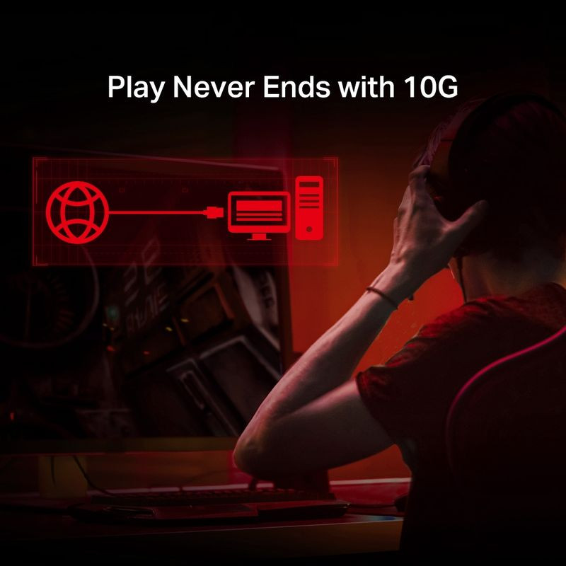TP-Link TX401 10 Gigabit PCIe, destaque em vermelho mostrando conexão 10G para PC gamer, foco em desempenho ultra-rápido e baixa latência