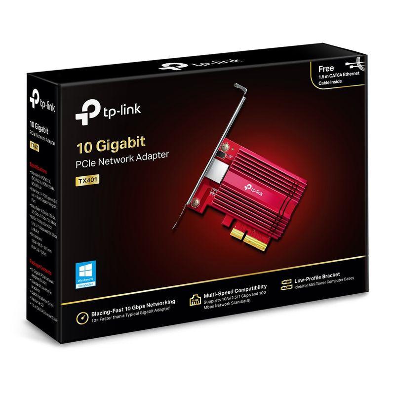 TP-Link TX401 10 Gigabit Adaptador PCIe com dissipador vermelho, perfil baixo, cabo Ethernet incluído, compatível Windows e velocidades multi-gigabit