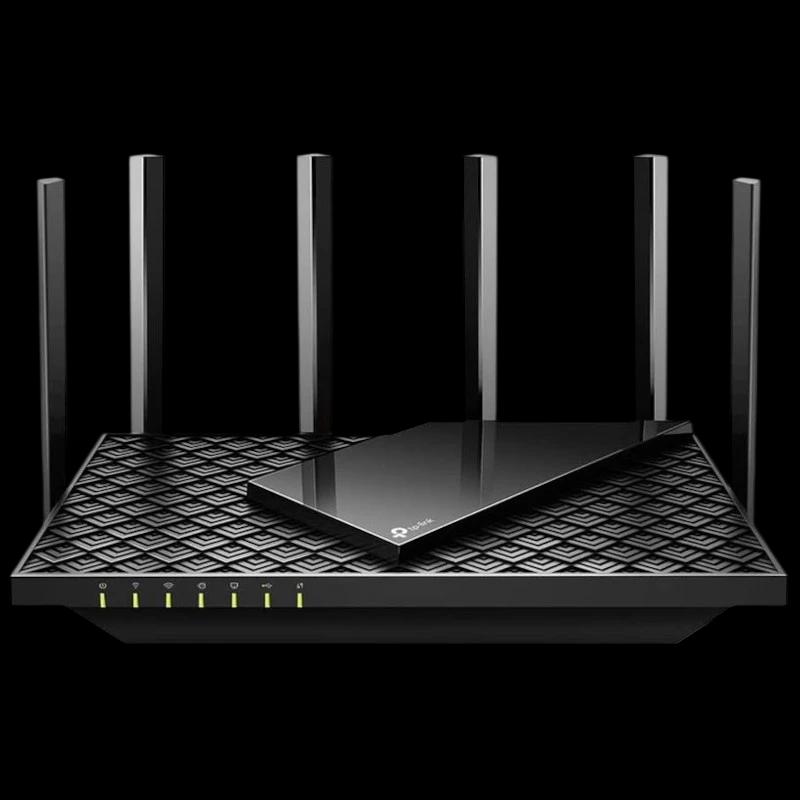 TP-Link Archer AX72 WiFi Dual Router com 6 antenas externas, design preto geométrico, LEDs frontais de status e corpo retangular robusto para alto desempenho