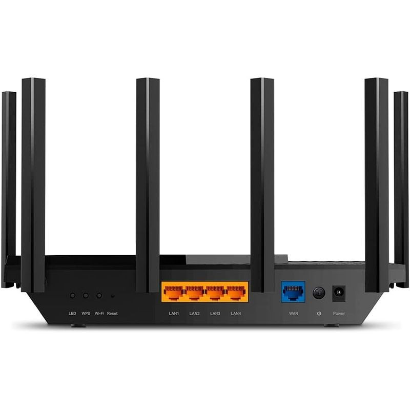 TP-Link Archer AX72 WiFi Dual Router com 6 antenas externas, portas LAN laranja e WAN azul, LED frontal e botões WPS, WiFi e Reset na traseira