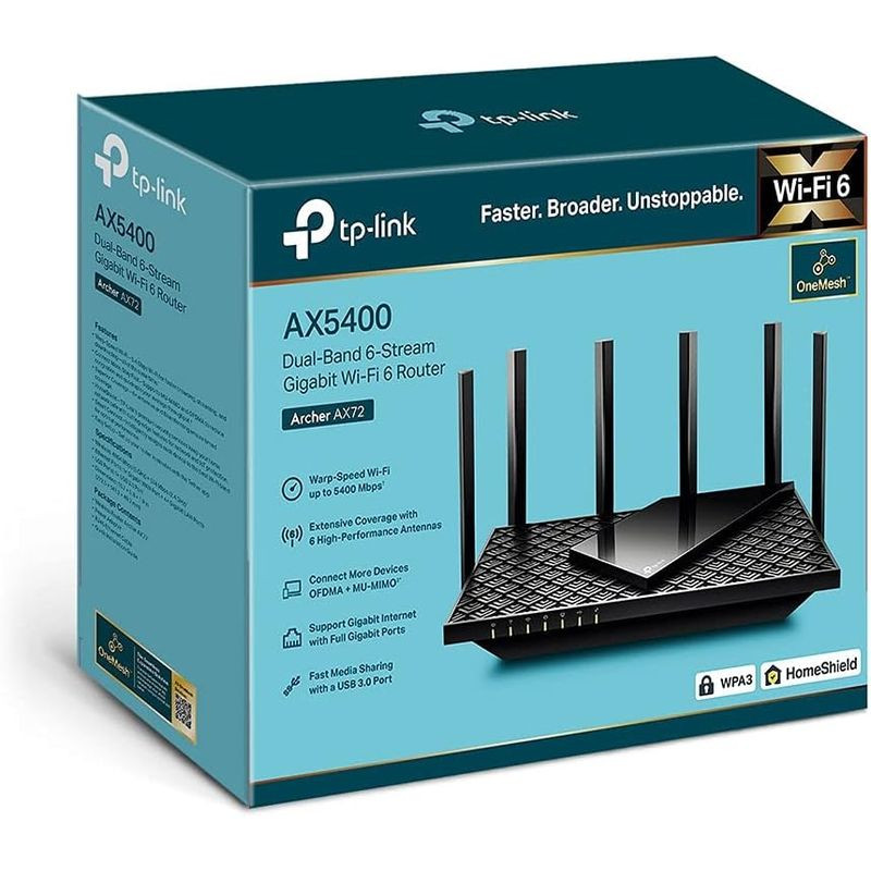 Caixa do TP-Link Archer AX72 AX5400: roteador Wi‑Fi 6 dual band, design preto com 6 antenas externas, recursos OneMesh e HomeShield destacados no pacote