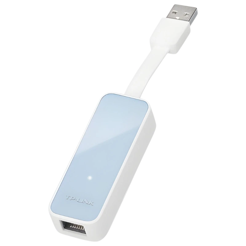 TP-Link UE200 adaptateur USB 2.0 vers Ethernet, boîtier compact blanc et bleu, câble court USB, port RJ45, design minimaliste et portable