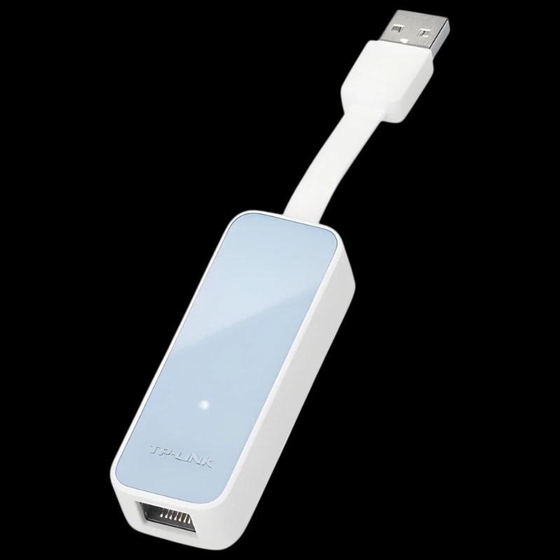 TP-Link UE200 adaptateur USB 2.0 vers Ethernet, boîtier compact blanc et bleu, câble court USB, port RJ45, design minimaliste et portable