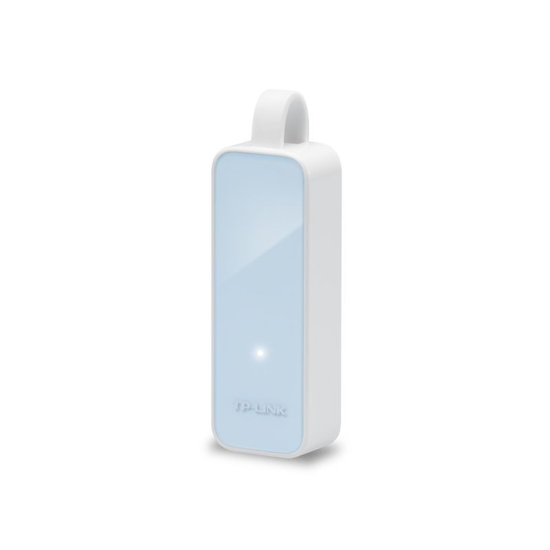 TP-Link UE200 adaptateur USB 2.0 vers Ethernet compact, boîtier blanc avec façade bleu clair brillante, voyant LED central, boucle de fixation intégrée