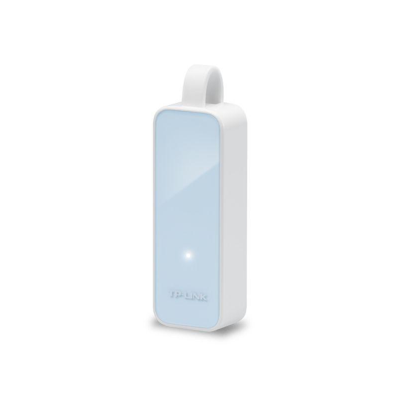 TP-Link UE200 adaptateur USB 2.0 vers Ethernet compact, boîtier blanc avec façade bleu clair brillante, voyant LED central, boucle de fixation intégrée