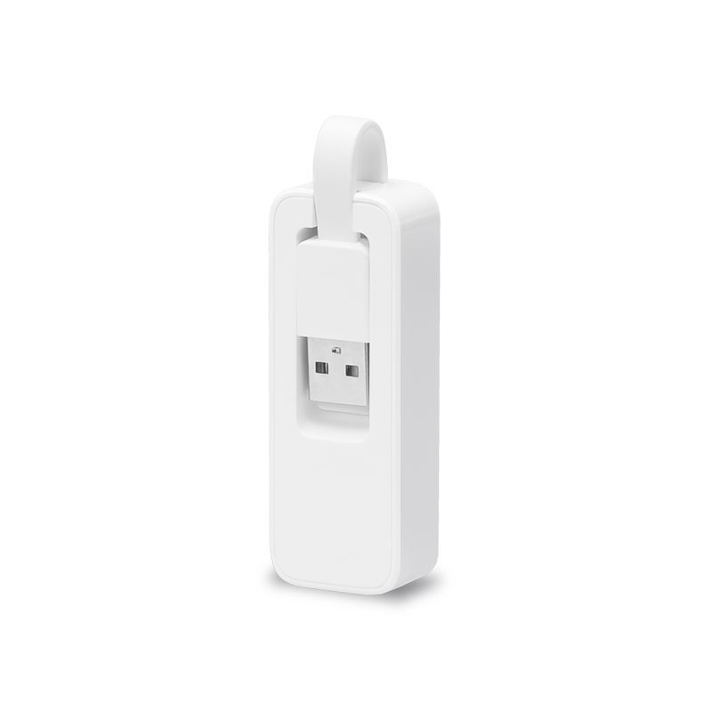 TP-Link UE200 adaptateur USB 2.0 vers Ethernet compact blanc, boîtier rectangulaire avec capuchon intégré et boucle de transport, design minimaliste