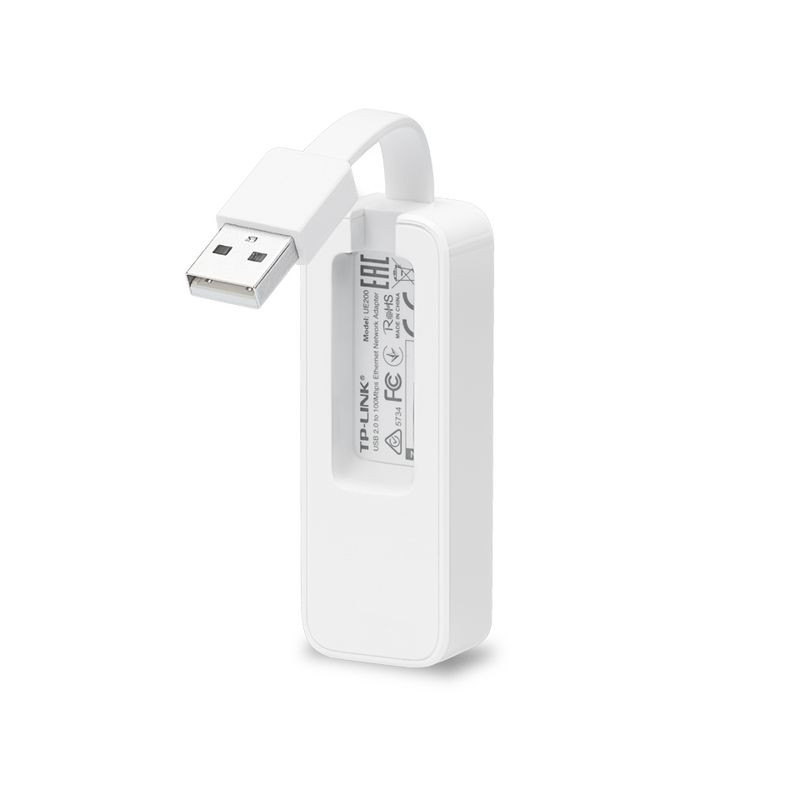 TP-Link UE200 adaptateur réseau compact blanc avec connecteur USB 2.0 et port Ethernet RJ45, câble court intégré, design minimal et portable