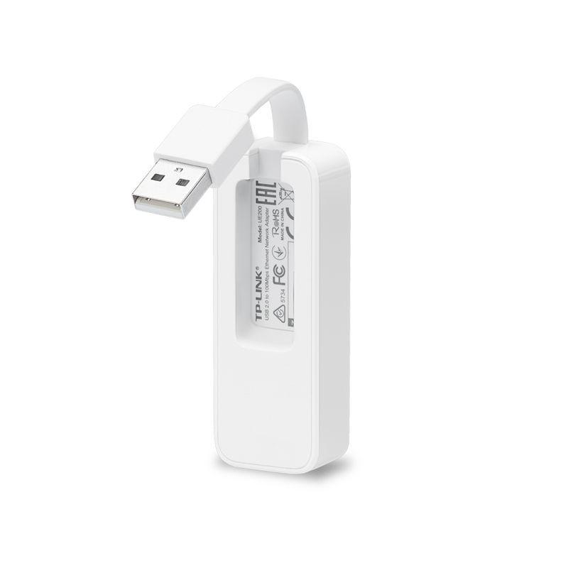 TP-Link UE200 adaptateur réseau compact blanc avec connecteur USB 2.0 et port Ethernet RJ45, câble court intégré, design minimal et portable