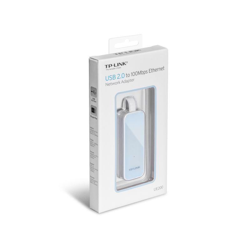 TP-Link UE200 adaptateur réseau USB 2.0 vers Ethernet 100 Mbps en boîtier blanc, compact, avec câble USB intégré, présenté en emballage blanc élégant