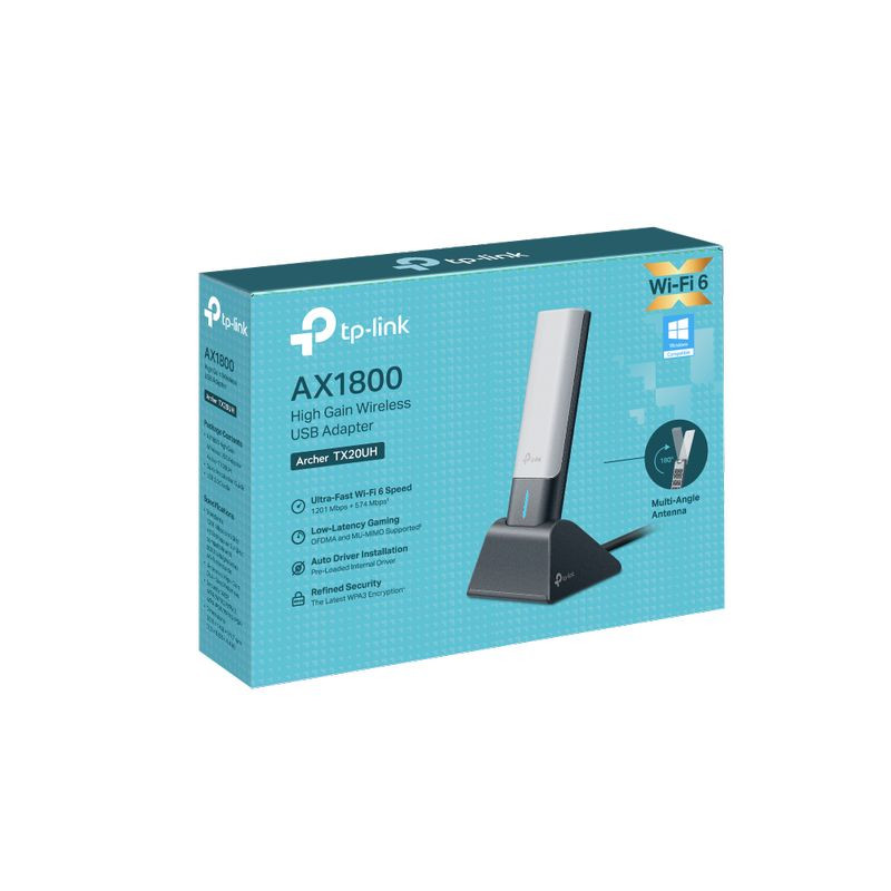 TP-Link Archer TX20UH Adaptateur Wi‑Fi 6 AX1800 avec base USB, design vertical gris, indicateur LED bleu et support inclinable pour meilleure réception