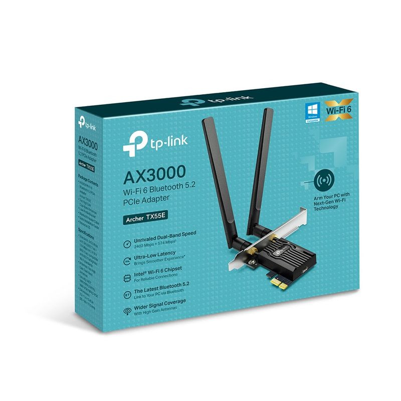 Adaptador PCIe TP-Link Archer TX55E AX3000 con dos antenas externas, Wi‑Fi 6 y Bluetooth 5.2; tarjeta de red de bajo perfil con soporte inclinado y disipador