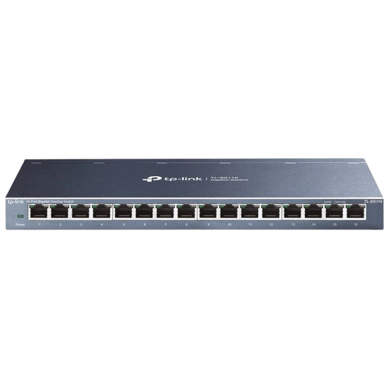 TP-Link TL-SG116 switch não gerenciável com 16 portas Gigabit frontais, LEDs de status, gabinete metálico compacto em cinza e design para mesa ou rack