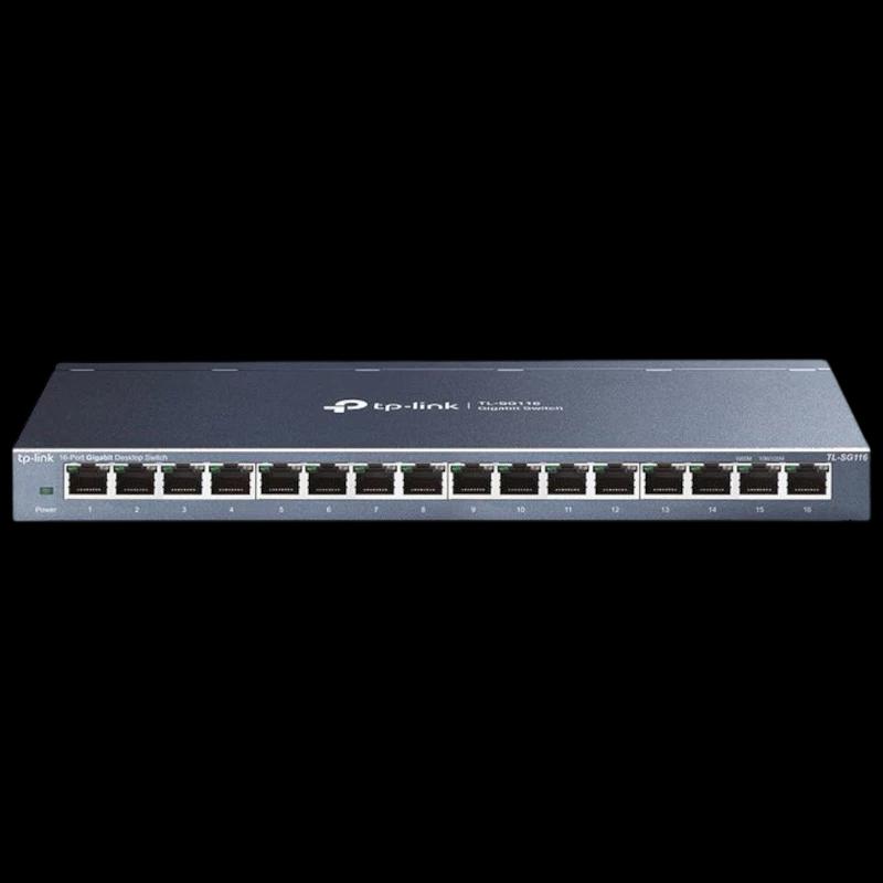 TP-Link TL-SG116 switch não gerenciável com 16 portas Gigabit frontais, LEDs de status, gabinete metálico compacto em cinza e design para mesa ou rack