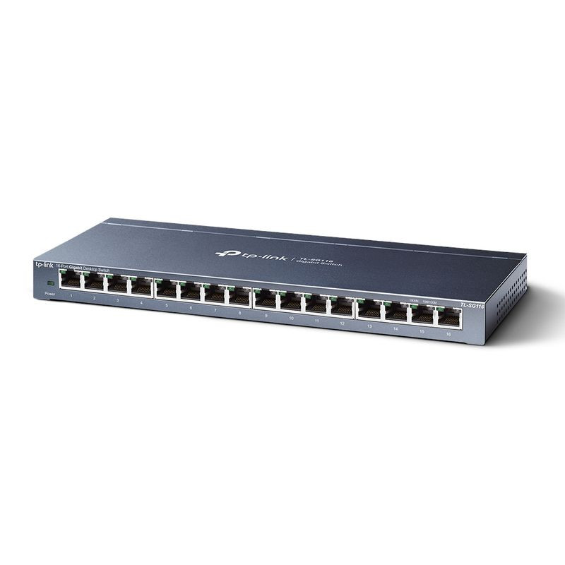 TP-Link TL-SG116 switch não gerenciável, 16 portas Gigabit frontais com LEDs de status, corpo metálico cinza escuro, formato desktop compacto