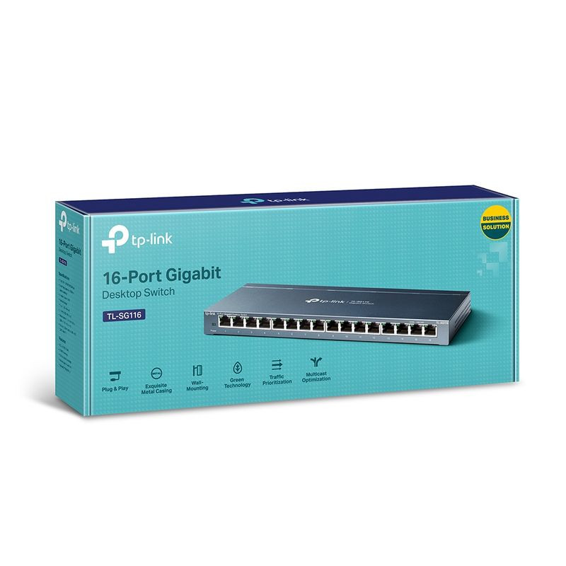 TP-Link TL-SG116 switch de mesa com 16 portas Gigabit, corpo metálico cinza, LEDs de status frontais, embalagem azul com destaque Business Solution