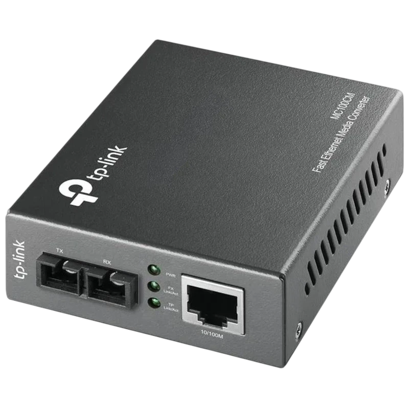 TP-Link MC100CM convertidor de medios multimodo: carcasa metálica gris, puerto RJ45 10/100, dos puertos fibra SC, LEDs de estado, ranuras de ventilación