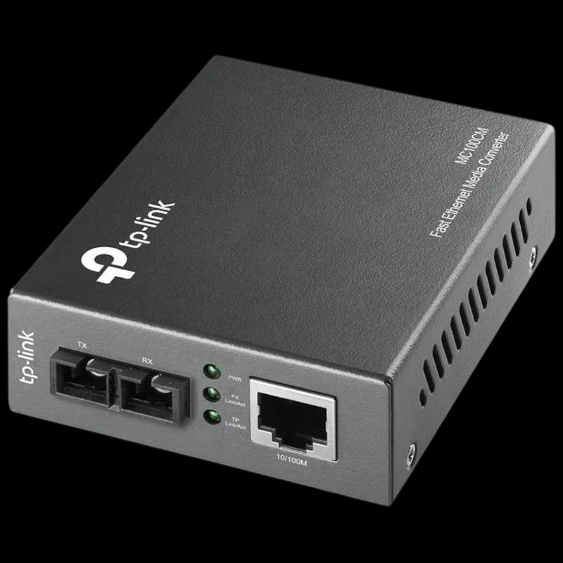 TP-Link MC100CM conversor multimodo 10/100 Mbps em caixa metálica cinza, porta RJ45, duas portas fibra SC, LEDs de status e ventilação lateral