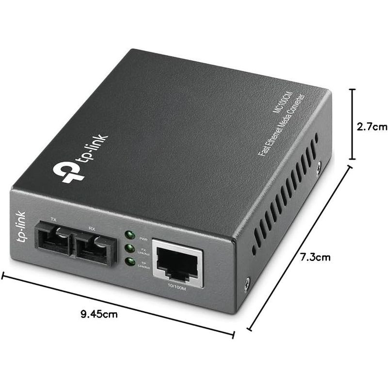 TP-Link MC100CM conversor multimodo 10/100 Mbps, caixa metálica compacta 9,45x7,3x2,7 cm, portas SC para fibra, porta RJ45, LEDs de status, grelhas laterais
