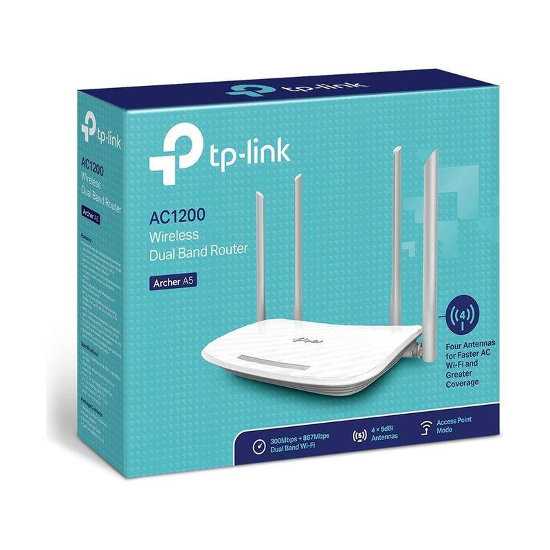 TP-Link Archer A5 Router WiFi Dual AC1200 en caja azul, con imagen del router blanco y 4 antenas externas; destaca modo punto de acceso y 300+867 Mbps