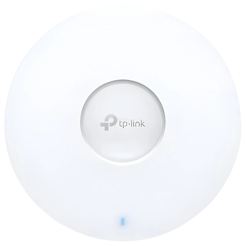 TP-Link Omada EAP653 Techo Punto de acceso Wi-Fi 6 circular blanco con logo centrado, luz LED azul inferior y diseño minimalista para techo