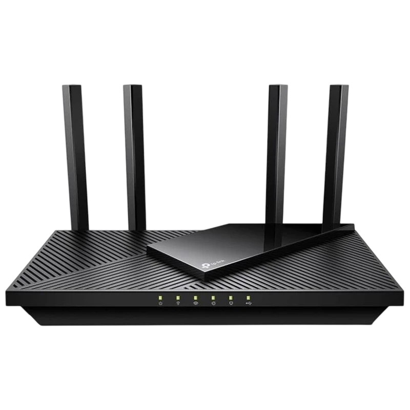 TP-Link Archer AX55 Pro Router Wi-Fi 6 en negro con cuatro antenas externas, luces LED frontales de estado y diseño superior ranurado geométrico