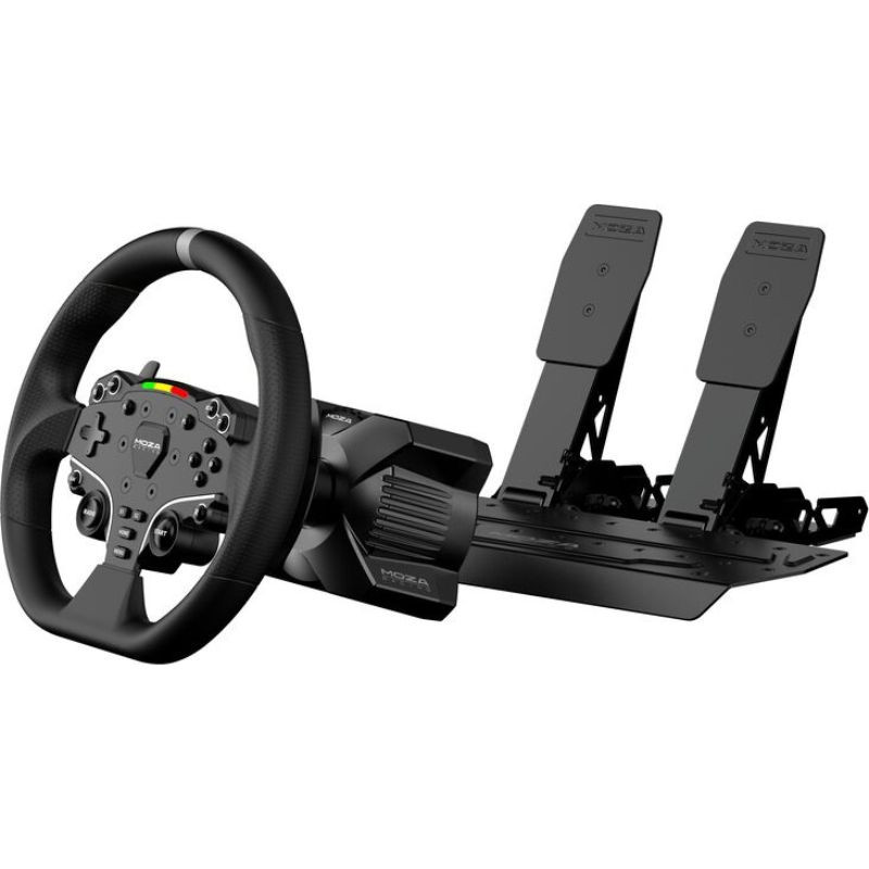Moza Racing RS074 Negro para PC: volante de carreras con aro de cuero, base robusta, botones programables y barra LED de RPM. Pedales incluidos.