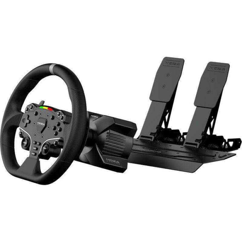 Moza Racing RS074 Negro para PC: volante de carreras con aro de cuero, base robusta, botones programables y barra LED de RPM. Pedales incluidos.