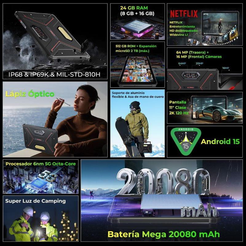 Hotwav R9 Ultra 5G 11" Negro, tablet rugerizada con cuerpo robusto, pantalla 11", lápiz óptico, triple cámara, Android 15 y gran batería 20080 mAh