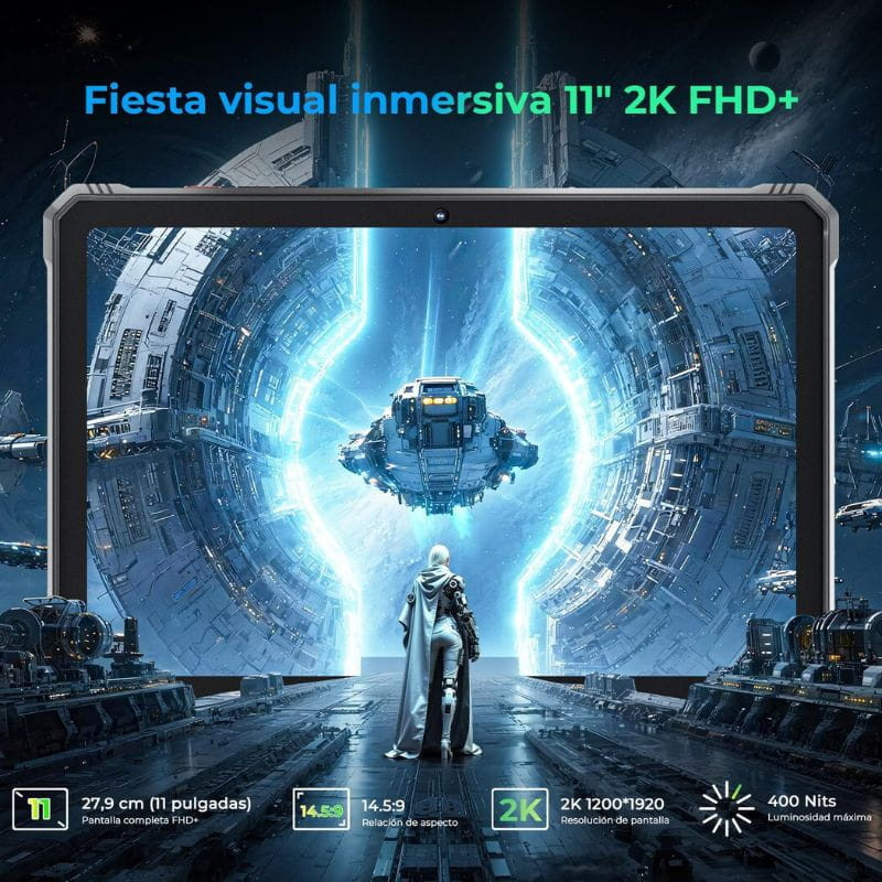Hotwav R9 Ultra 5G 11 pulgadas negro, pantalla 2K 1200x1920 FHD+, marco robusto, 400 nits, formato 14:59, diseño rugged resistente y biseles reforzados