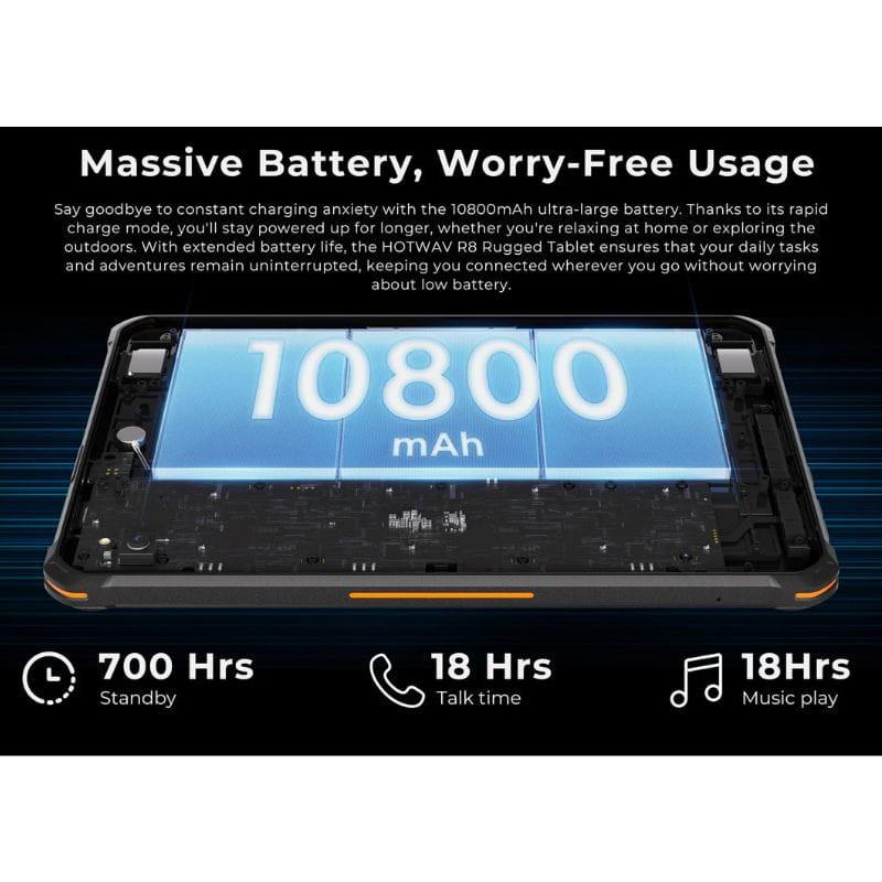 Tablet robusta Hotwav R8 10.1 pulgadas, color negro, cámara trasera 13 MP y selfie 5 MP, 4G, 4 GB RAM y 128 GB, diseño resistente con bordes reforzados