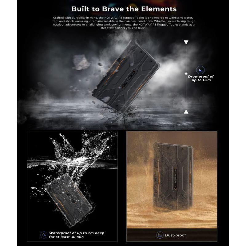 Tablet robusta Hotwav R8 10.1 pulgadas, pantalla HD+ 16:10 expansiva, biseles resistentes, cámara frontal centrada, ideal para multimedia y juegos