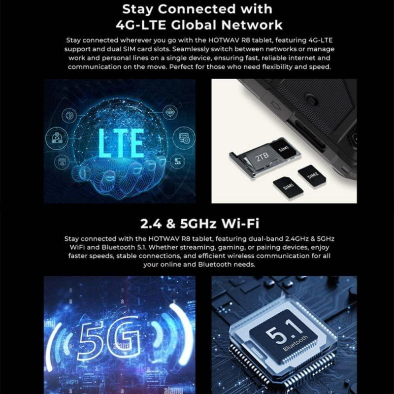 Tablet robusta Hotwav R8 10.1 pulgadas en negro con marco protector reforzado, pantalla amplia y diseño resistente ideal para uso exigente