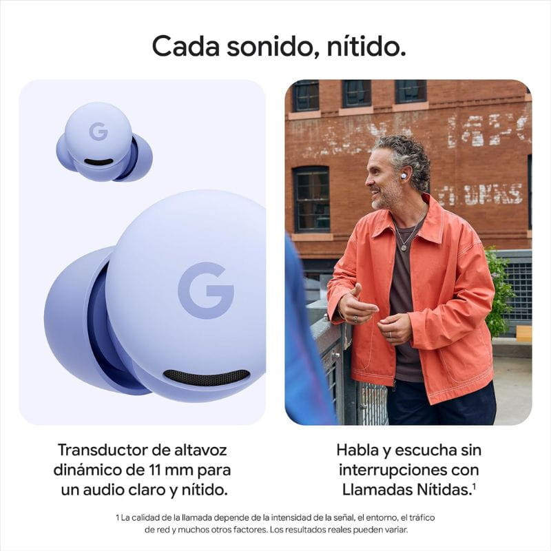 Google Pixel Buds 2a Gris: auriculares inalámbricos compactos con diseño ergonómico, acabado gris mate, rejilla de micrófono y logo G; estuche no visible.