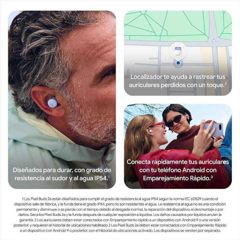 Google Pixel Buds 2a Gris: auriculares intrauditivos con diseño compacto, acabado gris mate, estuche ovalado y ajuste estable con resistencia IP54
