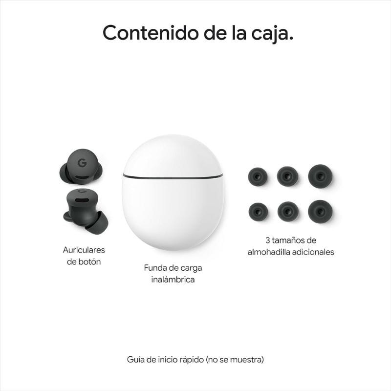 Google Pixel Buds 2a Gris: auriculares de botón con funda de carga inalámbrica y 3 tamaños de almohadillas negras para ajuste cómodo y seguro.