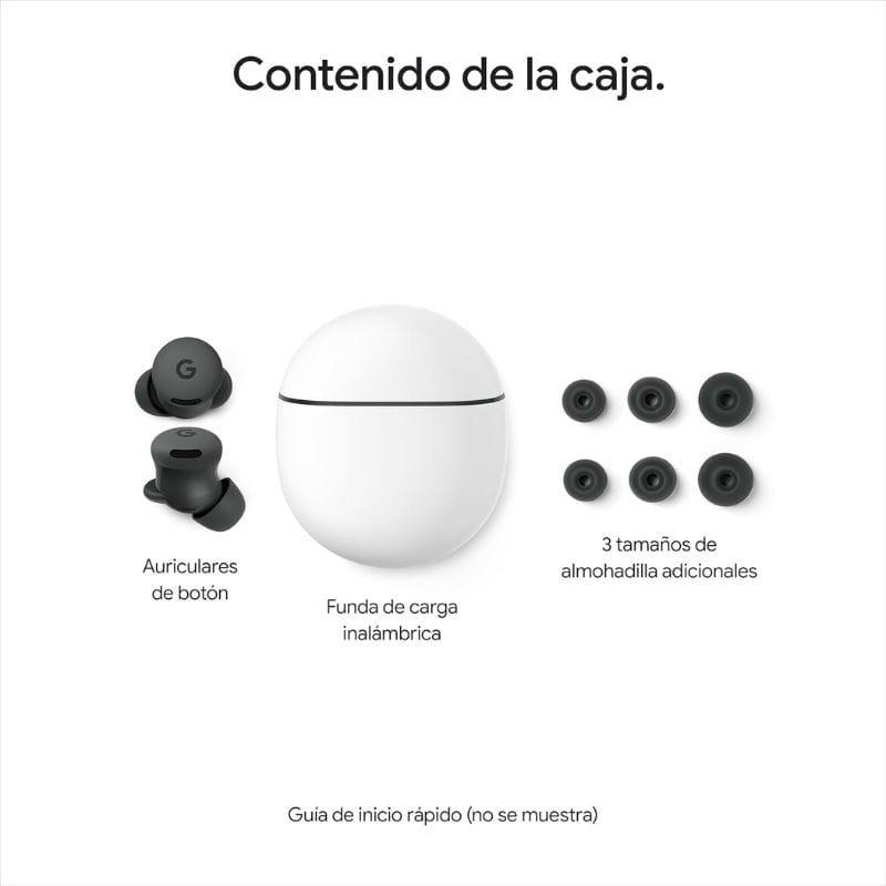 Google Pixel Buds 2a Gris: auriculares de botón con funda de carga inalámbrica y 3 tamaños de almohadillas negras para ajuste cómodo y seguro.
