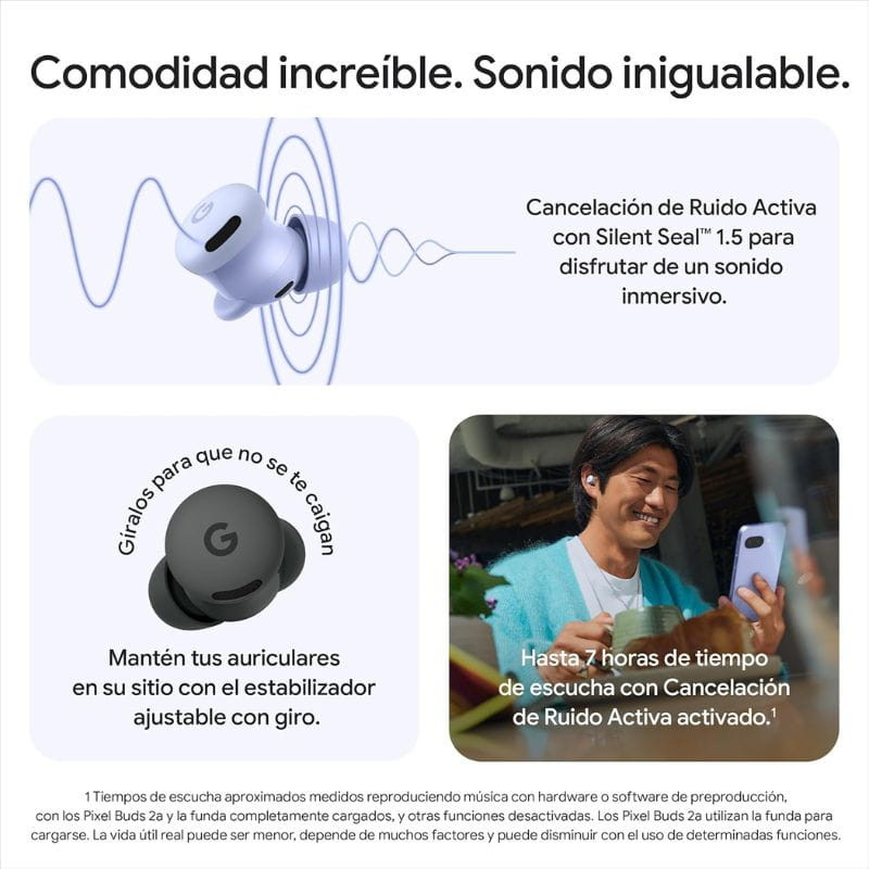 Google Pixel Buds 2a Púrpura con cancelación de ruido activa, ajuste giratorio estable y hasta 7 h de batería; diseño compacto en color violeta.