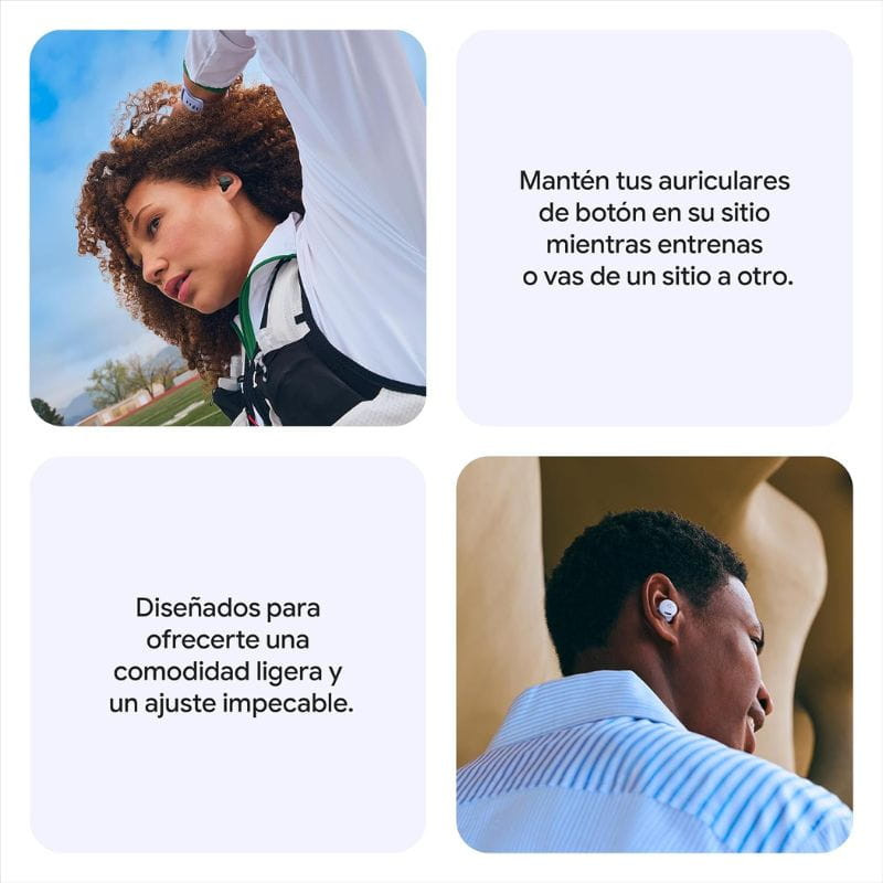 Google Pixel Buds 2a Púrpura: auriculares de botón inalámbricos con diseño ergonómico, ajuste seguro para entrenar y carcasa compacta en tono púrpura.