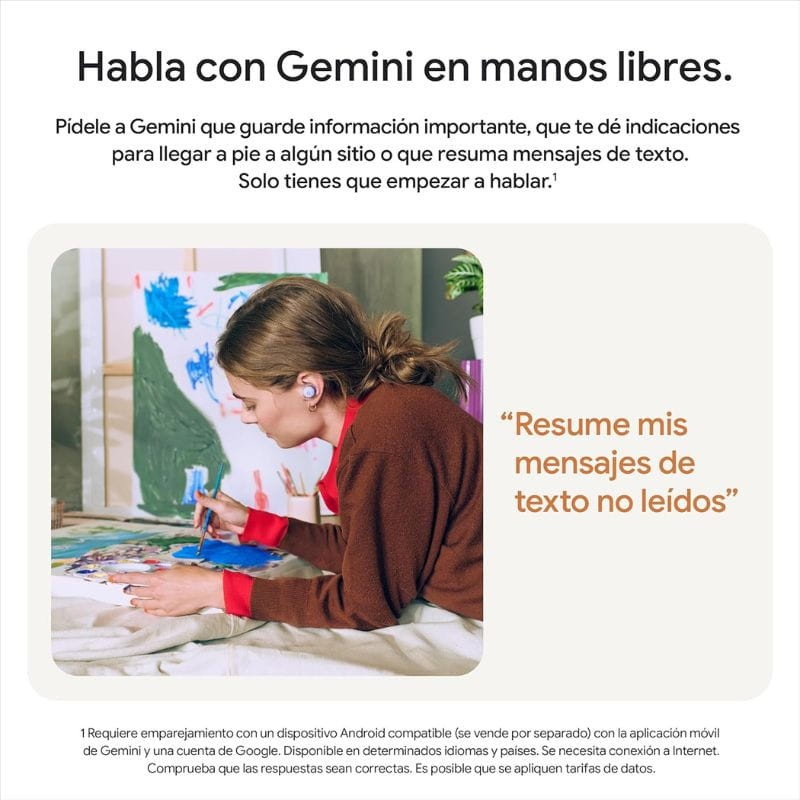 Google Pixel Buds 2a Púrpura en oído; diseño intraaural compacto, acabado mate lila, controles táctiles, micrófono integrado y ajuste cómodo para manos