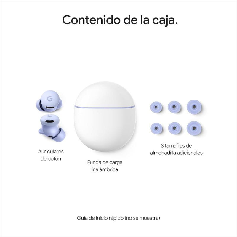 Auriculares Google Pixel Buds 2a Púrpura con funda de carga inalámbrica blanca y 3 tamaños de almohadillas moradas; diseño compacto tipo botón.