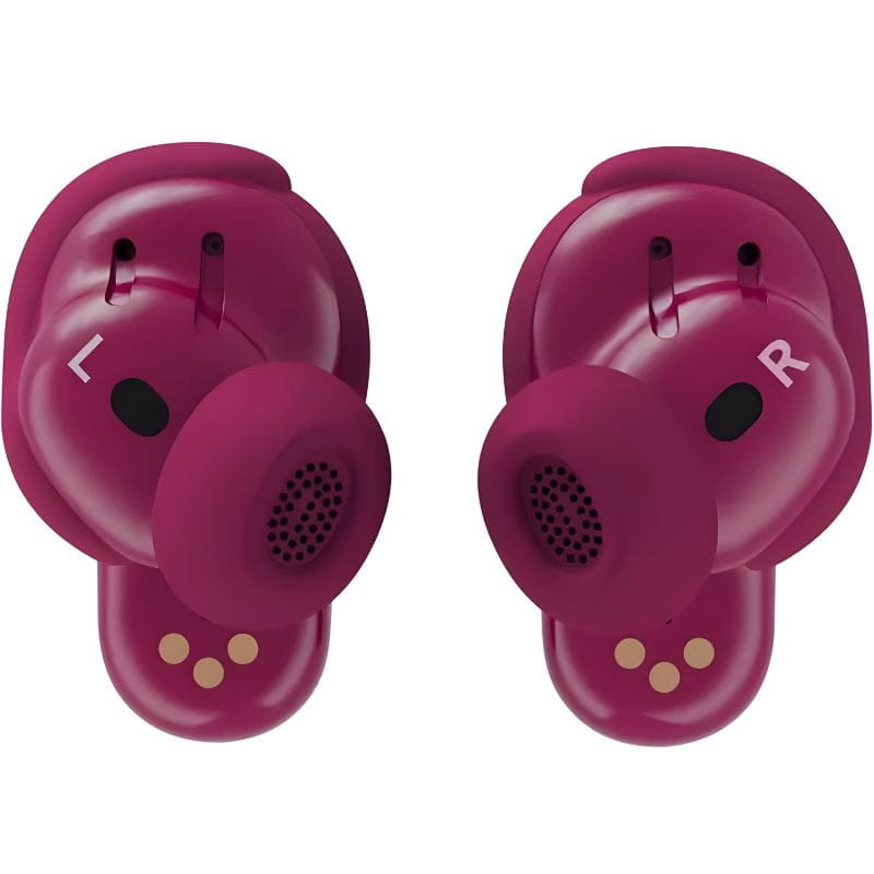Auriculares intraaurales Bose QuietComfort Ultra 2ª Gen en color Deep Plum, diseño TWS con puntas de silicona, micrófonos y pines de carga visibles.