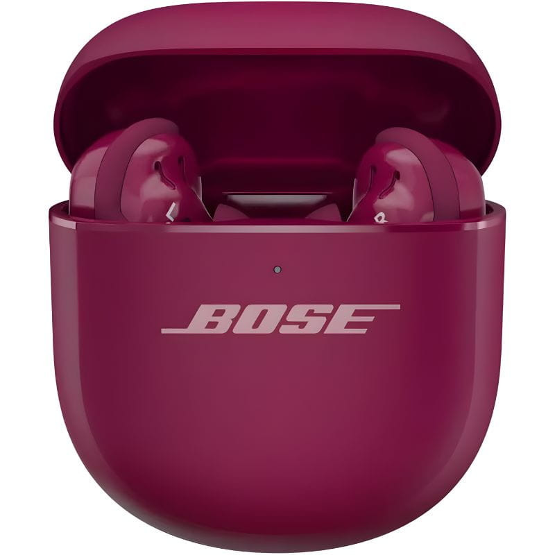 Estuche de carga color Deep Plum con logo Bose y auriculares TWS visibles; diseño compacto y brillante, línea QuietComfort Ultra 2ª Gen con ANC.