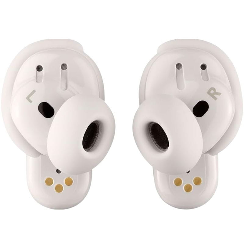 Estuche blanco brillante con logo BOSE y auriculares in-ear Bose QuietComfort Ultra 2ª Gen TWS White Smoke, diseño compacto y elegante.