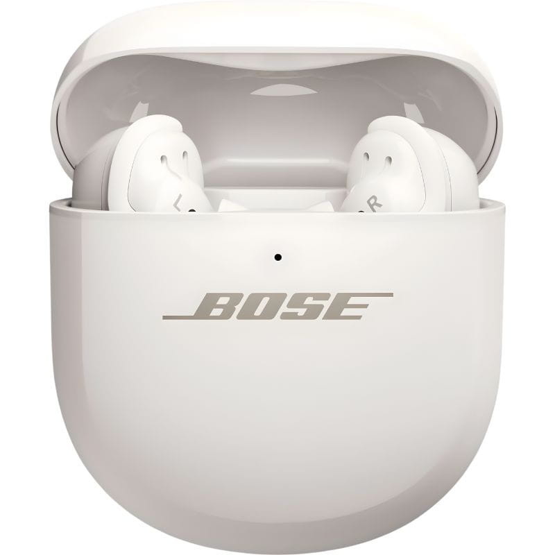 Estuche de carga blanco brillante con logo BOSE centrado y LED frontal; diseño compacto y curvo para los Bose QuietComfort Ultra 2ª Gen TWS White Smoke.